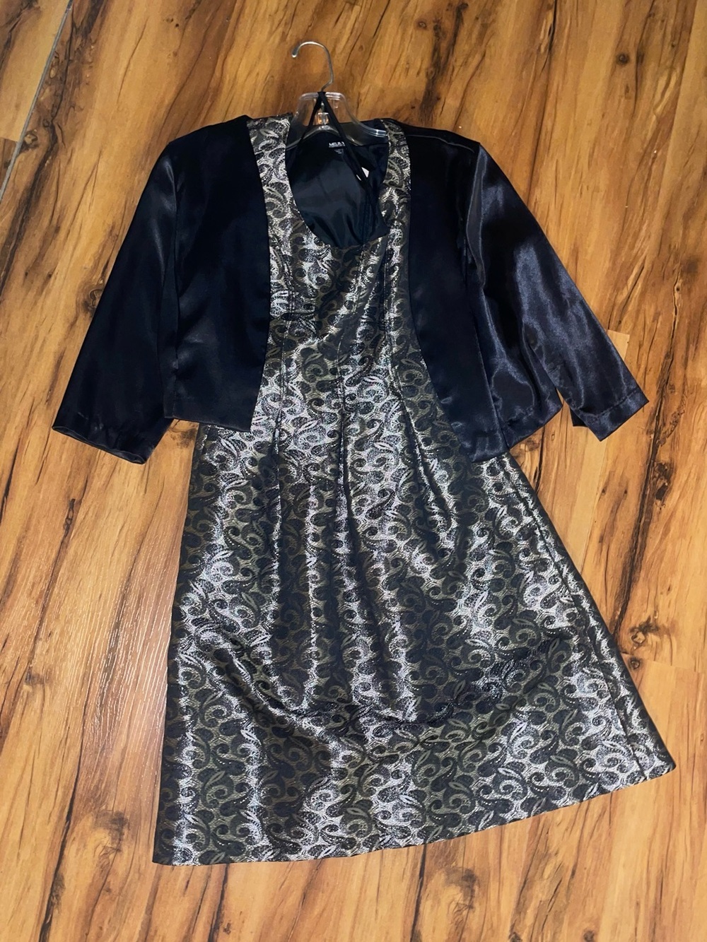 Terani Couture Black and Gold Paisley Midi Dress with Black Satin Jacket